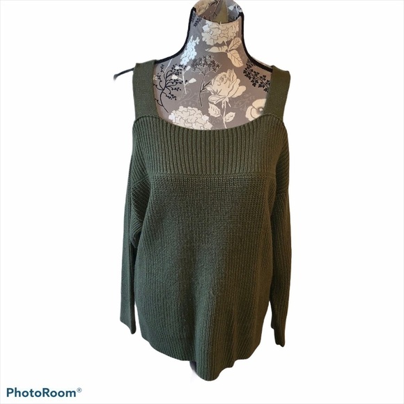 NEW YORK & COMPANY Sweater Olive Green Cold Shoulder medium - Picture 2 of 9